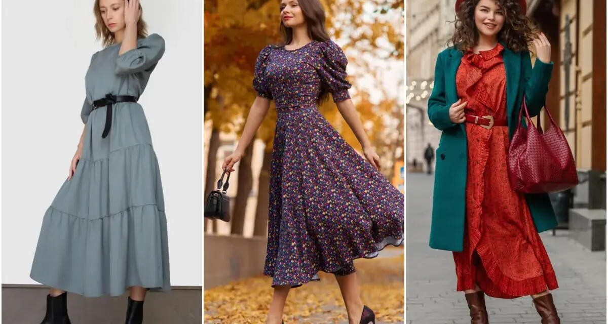 Tres mujeres lucen vestidos midi. Una lleva un vestido gris con botas negras. Otra, un vestido floral con tacones. La tercera, un vestido rojo con abrigo verde y botas. Ideas de qué ponerse encima de un vestido midi.