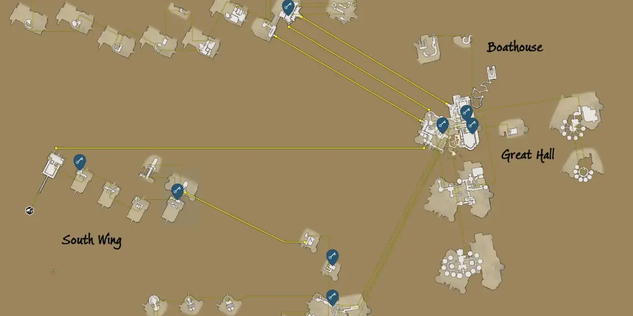 Mapa de Hogwarts Legacy con llaves del Dédalo marcadas. Muestra el Gran Comedor, el South Wing y el Boathouse.