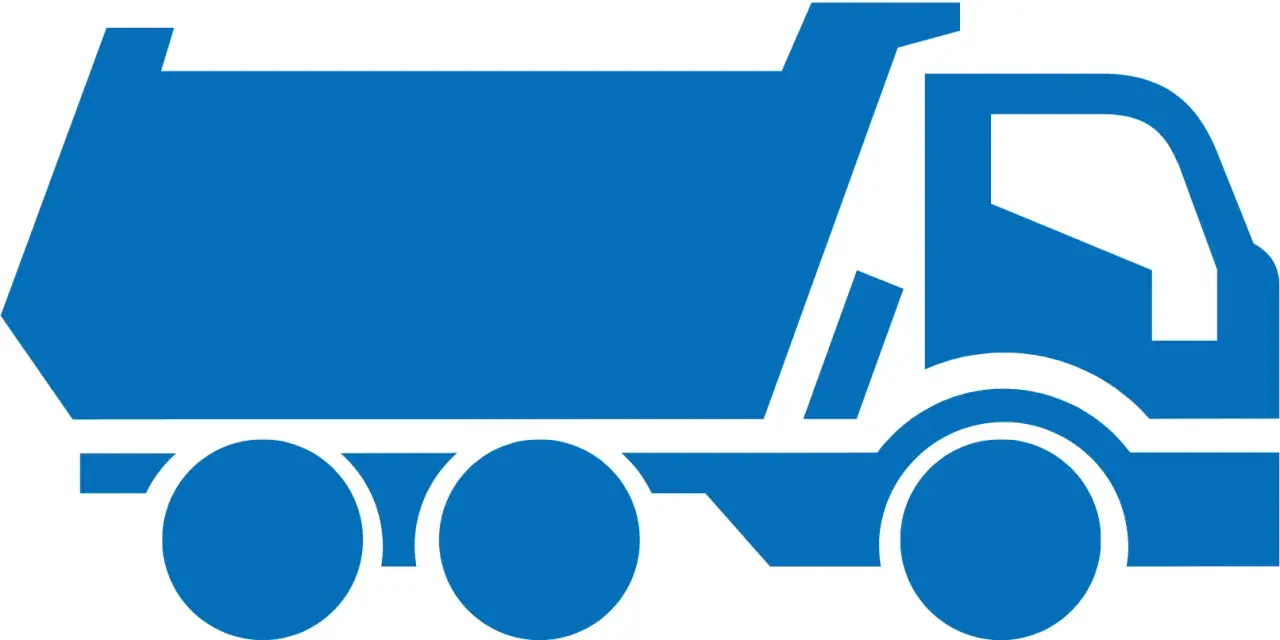 Niebieski symbol wywrotki, przypominający winietę węgry, gotowy do transportu.