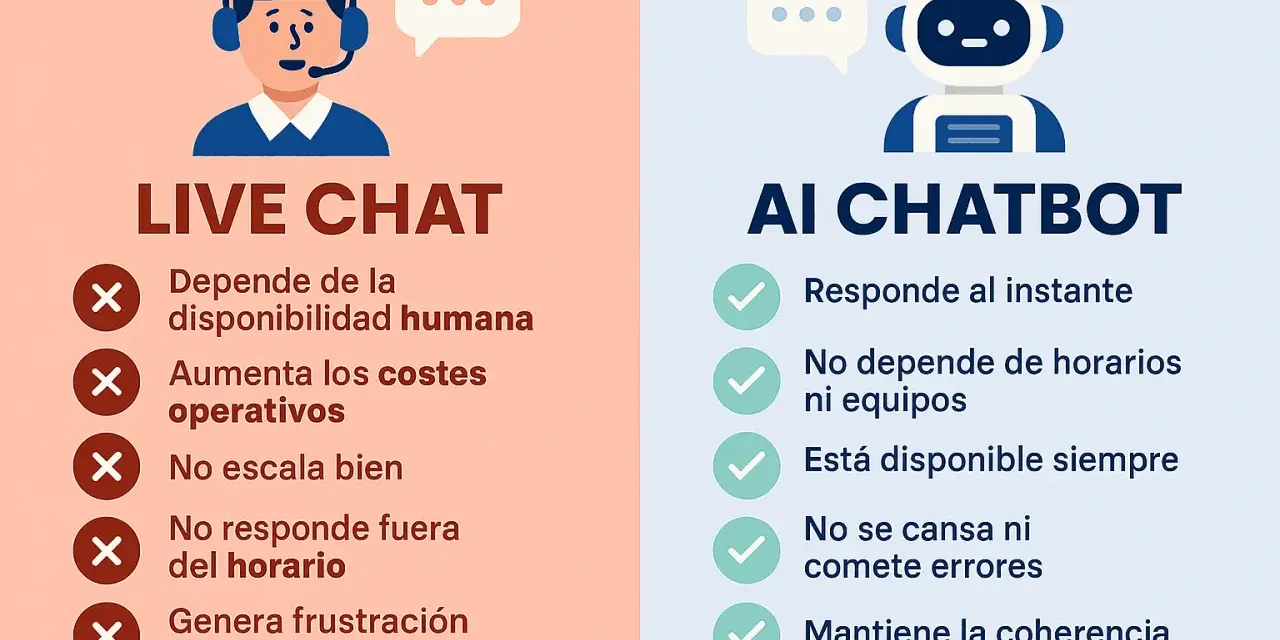 Comparativa entre Live Chat y AI Chatbot. La inteligencia artificial chat ofrece respuestas instantáneas y disponibilidad constante, a diferencia del chat humano.