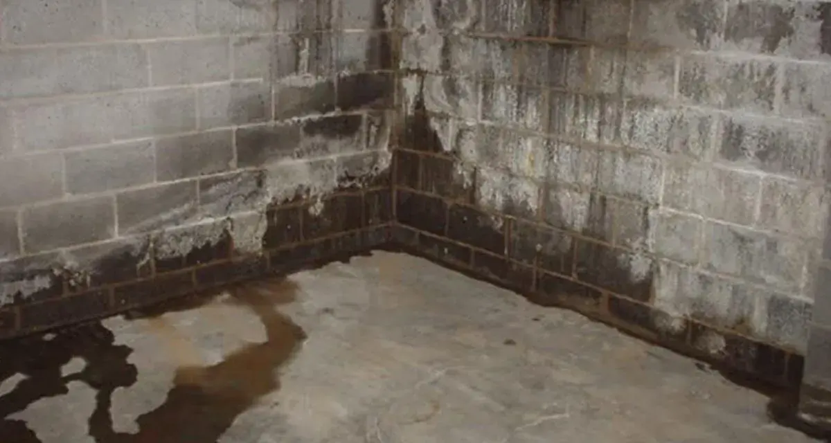 Water stains and pooling on a concrete floor and cinder block walls indicate a serious moisture problem. Learn how to get rid of moisture in basement effectively.
