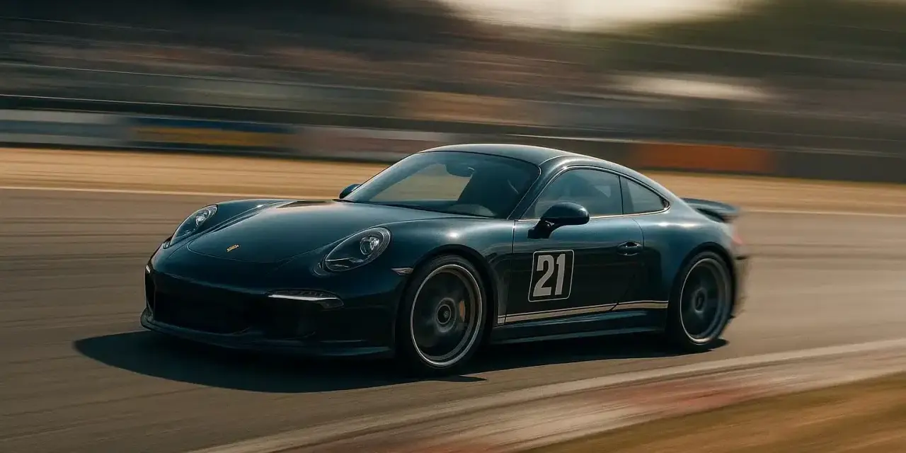 Une Porsche 911 noire, numéro 21, file sur un circuit. Le mouvement est capturé par un photo filé, créant un flou artistique autour de la voiture.