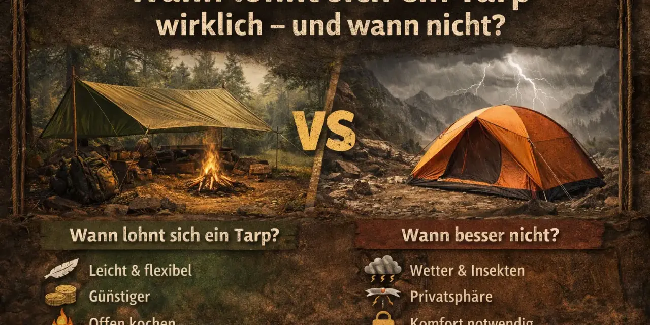 Ein Tarp bietet leichten Schutz beim Kochen im Freien. Ein Zelt ist besser bei schlechtem Wetter und für mehr Privatsphäre.