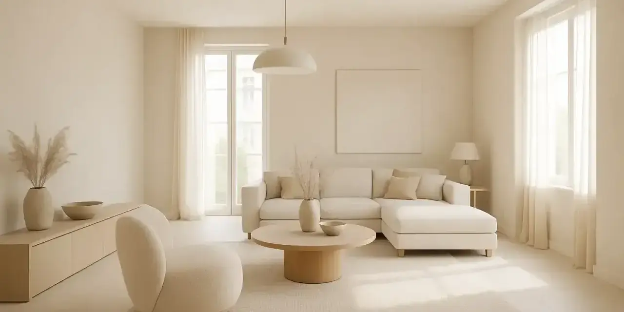 Salon w odcieniach beżu. Miękka sofa, okrągły stolik i puszysty fotel tworzą przytulną przestrzeń. Jak wygląda kolor beżowy? Jak na dłoni!