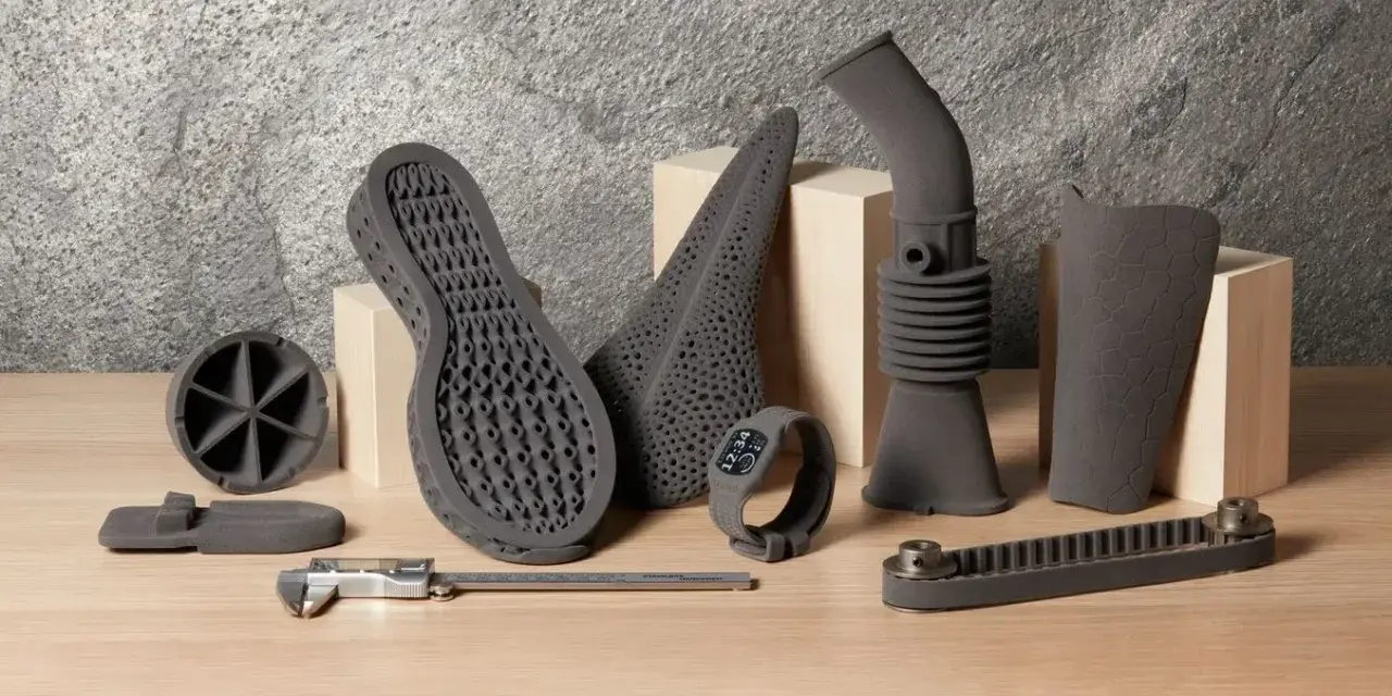 SLS TPU 3D printed objects: shoe sole, fan, cone, pipe, brace, and a timing belt.