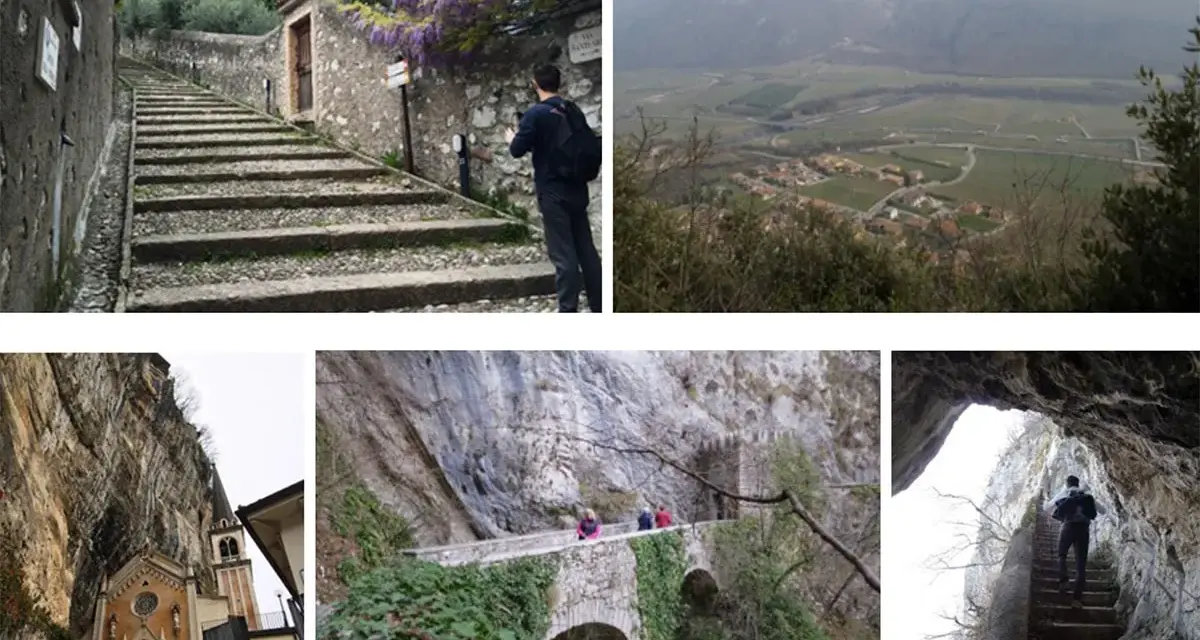 Un uomo sale una scalinata di pietra, parte del sentiero della speranza. Altri scorci mostrano un panorama, una chiesa rupestre e un ponte tra le rocce.