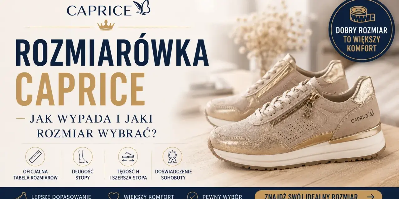 Złote sneakersy Caprice. Tabela rozmiarów pomoże dobrać idealny rozmiar, np. rozmiar 42 5 ile to cm, dla większego komfortu.