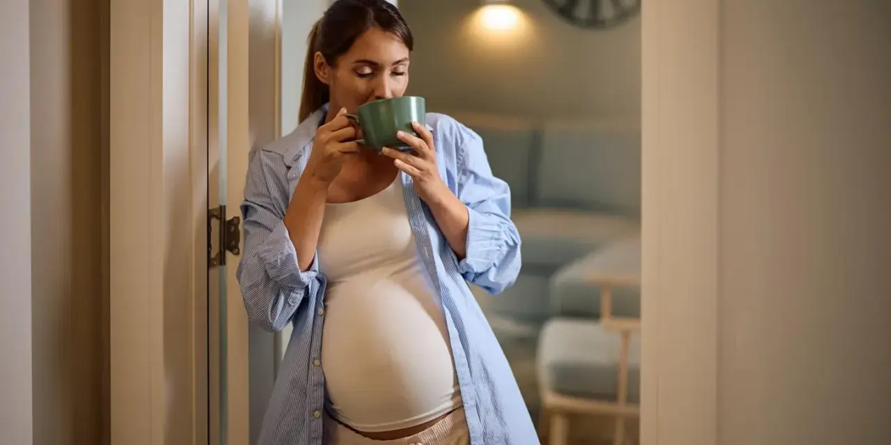 Schwangere Frau trinkt eine Tasse schwarztee. Sie steht in einem gemütlichen Raum.
