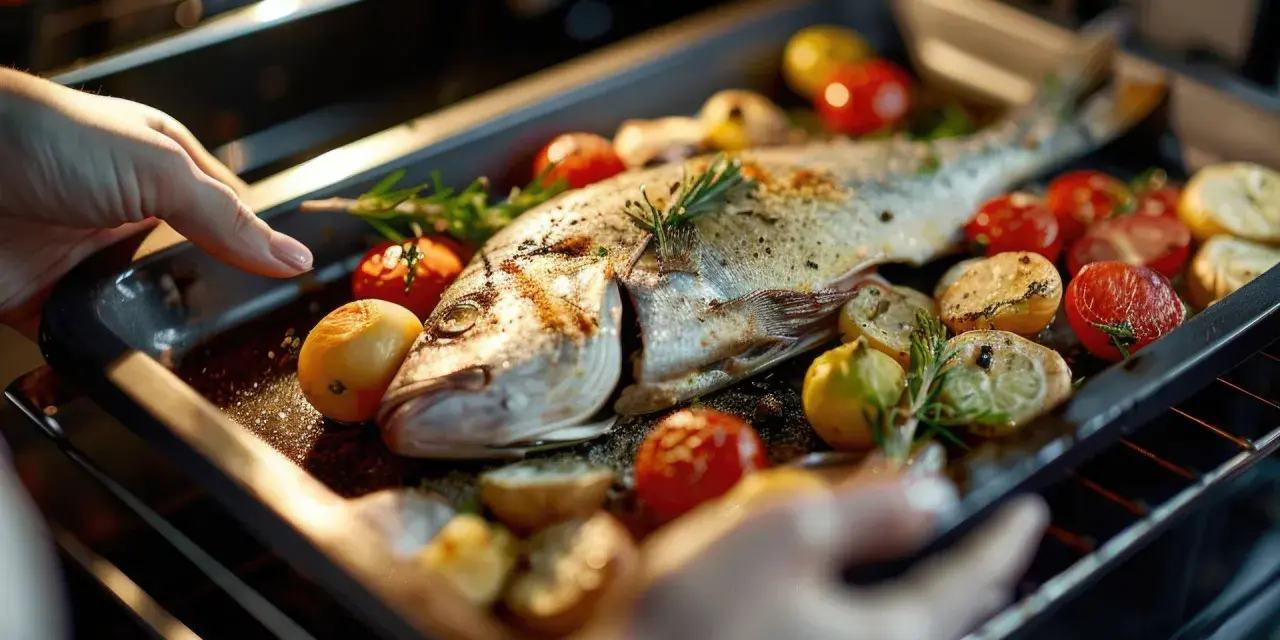 Un delicioso pargo al horno con tomates cherry, patatas y romero, listo para ser servido.
