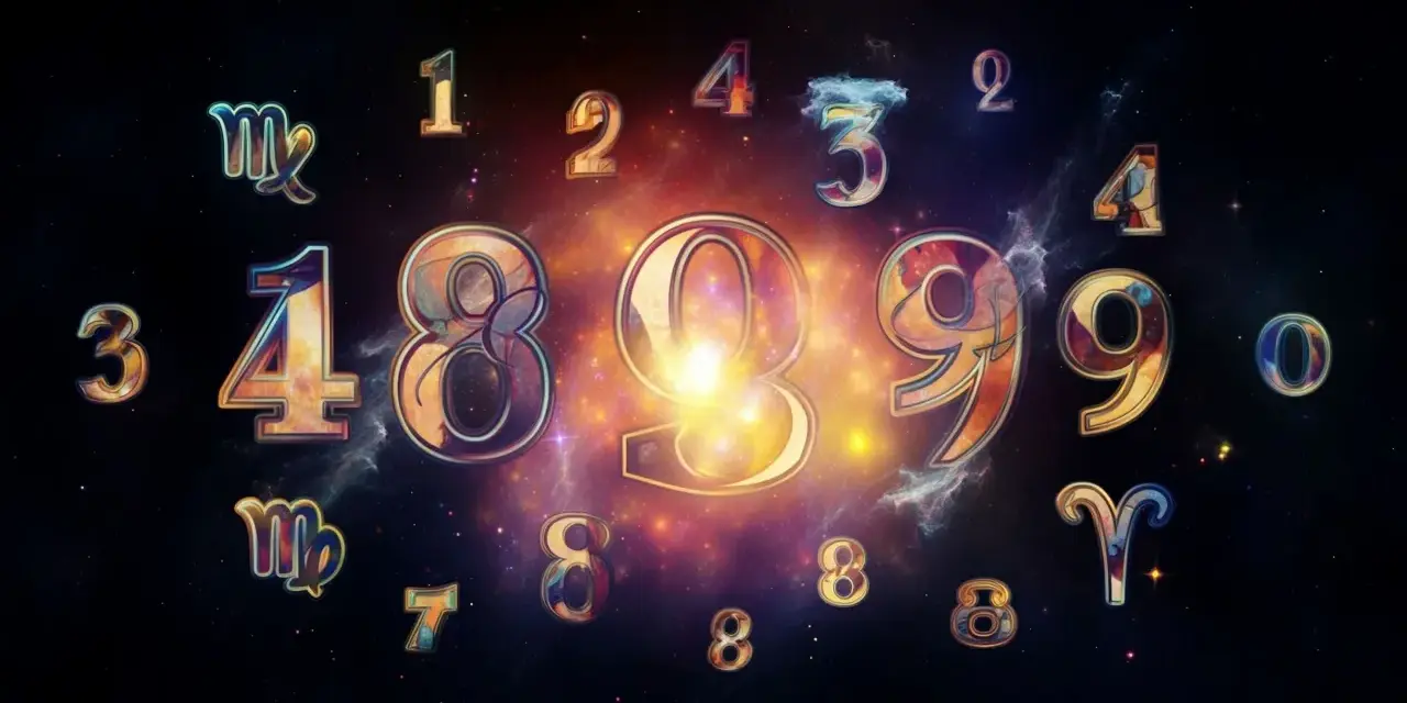 Lśniące cyfry i znaki zodiaku na tle kosmicznej mgławicy. W centrum liczby 8 i 9, symbolizujące potencjalny numerologiczna 11 partner.