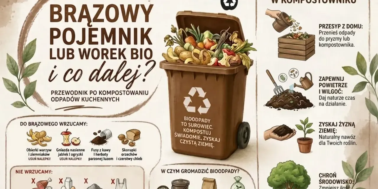 Przewodnik po kompostowaniu odpadów kuchennych. Czego nie wrzucamy do bio? Mięsa, kości, ryb, nabiału, jajek, popiołu, piasku, odchodów zwierzęcych, reklamówek i plastiku PLA.