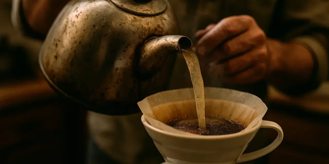 Här hälls varmt vatten över kaffepulver i ett filter. Ett perfekt iskaffe recept börjar med omsorgsfull bryggning.