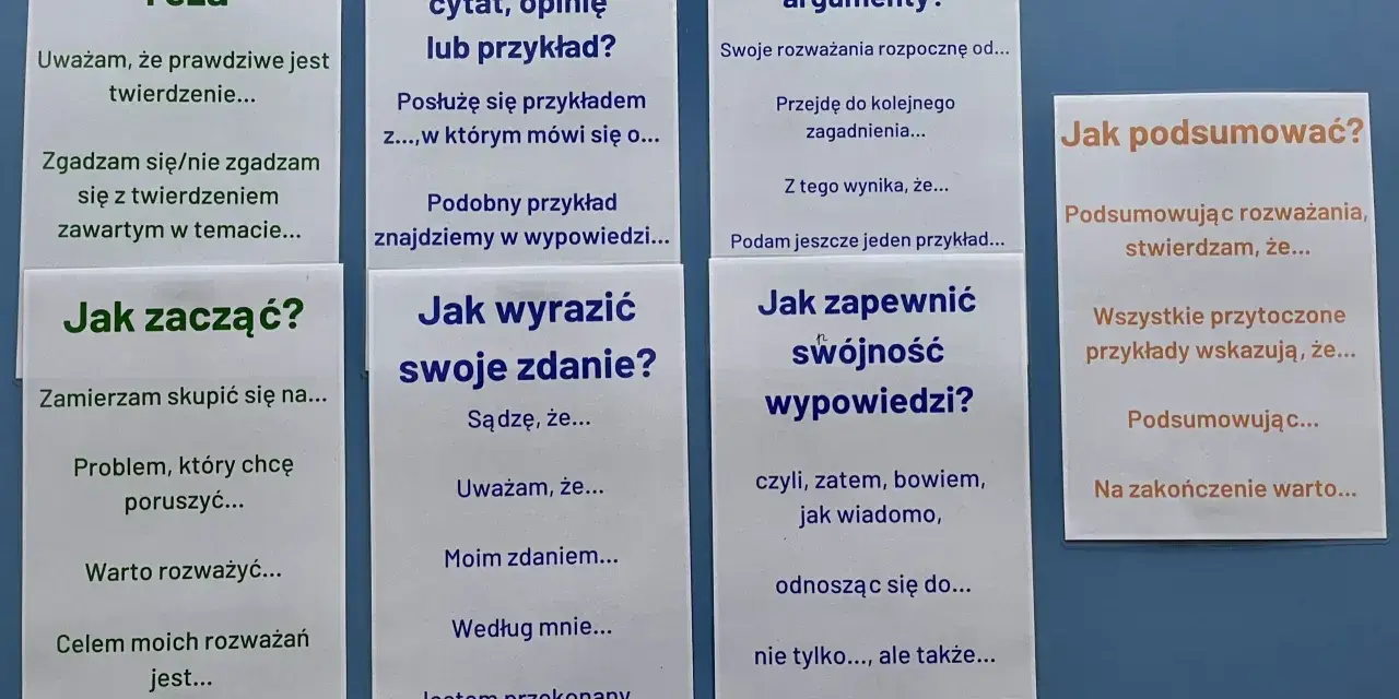 Pomocne wskazówki, jak napisać rozprawkę: teza, argumenty, przykłady, jak zacząć, wyrazić zdanie, podsumować.