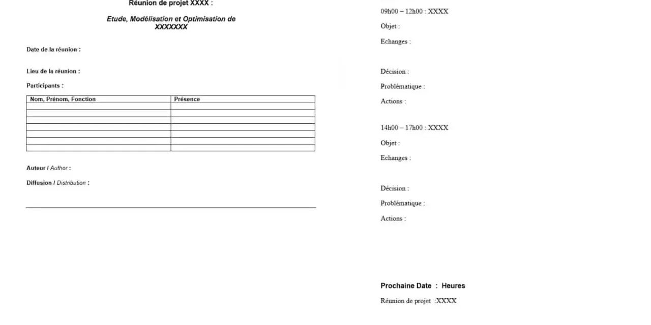 Modèle de compte rendu de réunion pour un projet, incluant l'ordre du jour, les participants, les échanges, les décisions et les actions à mener.