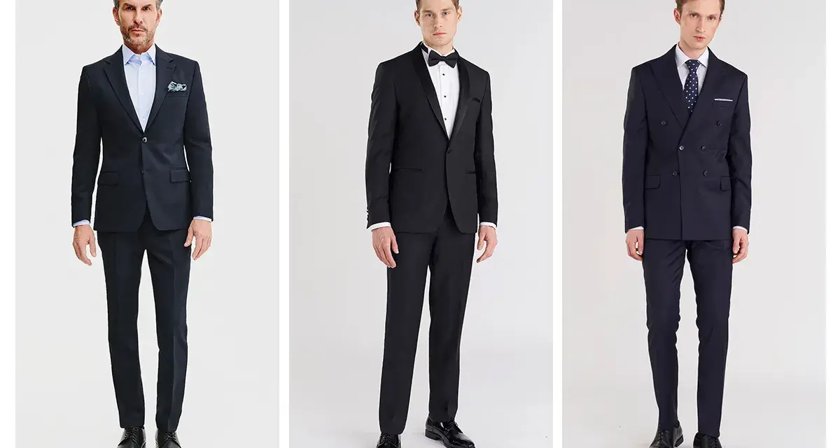 Trzech mężczyzn prezentuje eleganckie pan młody stylizacje: klasyczny granatowy garnitur, czarny smoking i dwurzędowy garnitur w kratę.