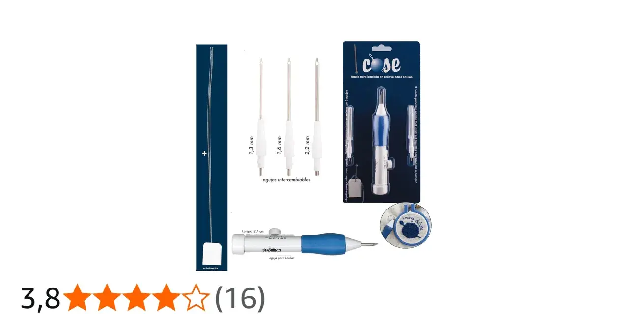 Kit de aguja de bordar a mano con 3 agujas intercambiables de diferentes grosores (1,3 mm, 1,6 mm, 2,2 mm) y enhebrador.