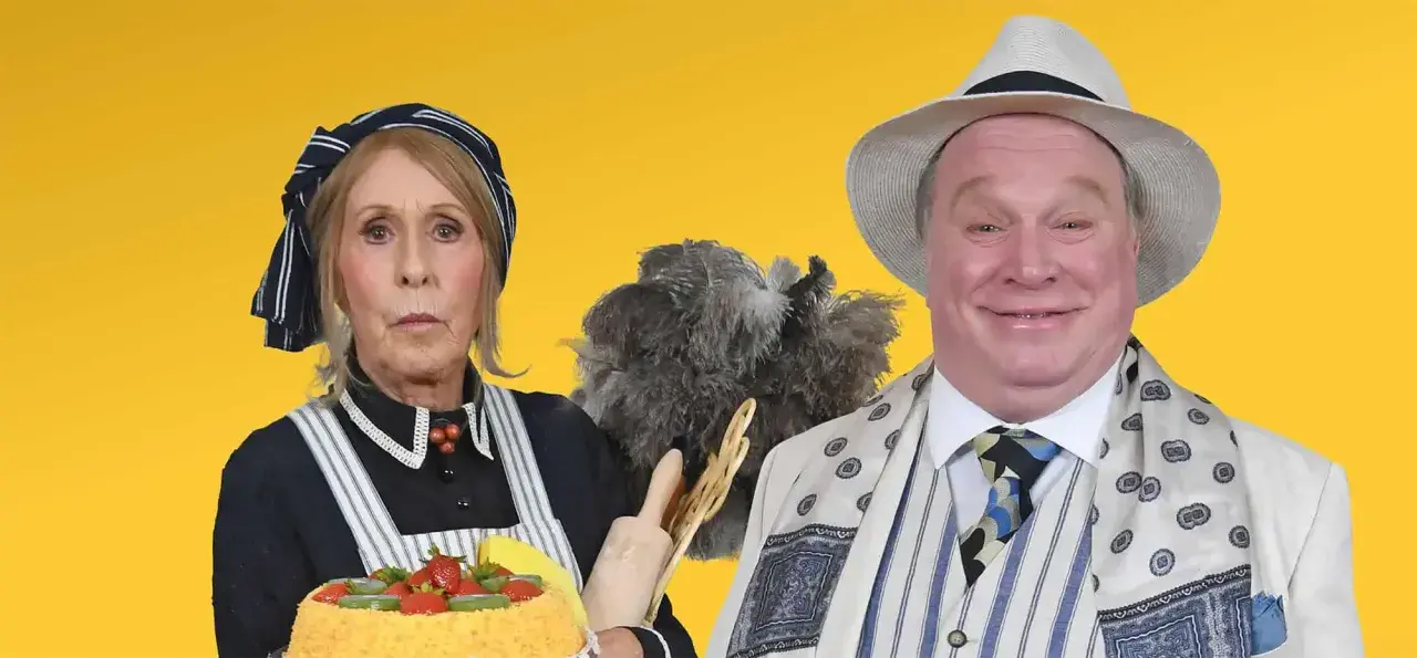En kvinna i städkläder med en tårta och en man i hatt och kostym, som om de vore karaktärer från en lusthus ritning.