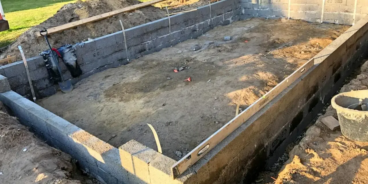 Byggarbetsplats med ett mura grund av betongblock. Schakt, spade och vattenpass syns.