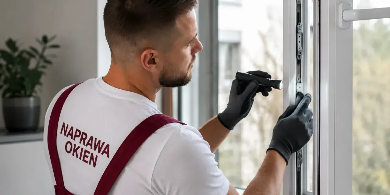 Fachowiec z latarką sprawdza mechanizm, bo okno nie chce się zamknąć. Naprawa okien to jego specjalność.