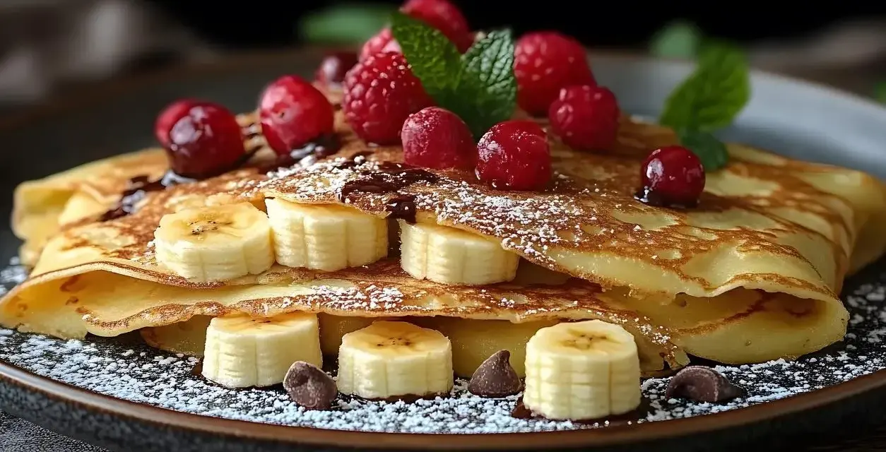 Deliziose crepes dolci con banane, lamponi e gocce di cioccolato, una perfetta ricetta per la colazione o la merenda.