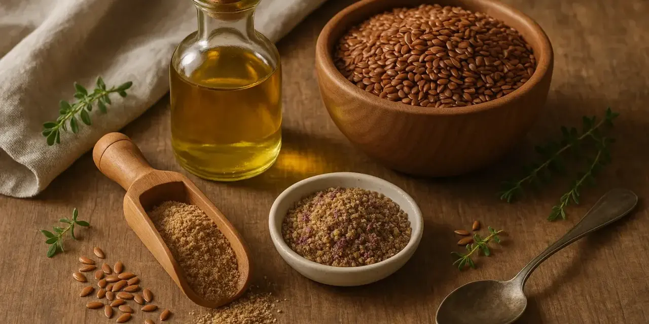 Olio di lino cotto o crudo, semi interi, macinati e in polvere, disposti su un tavolo di legno con erbe aromatiche.