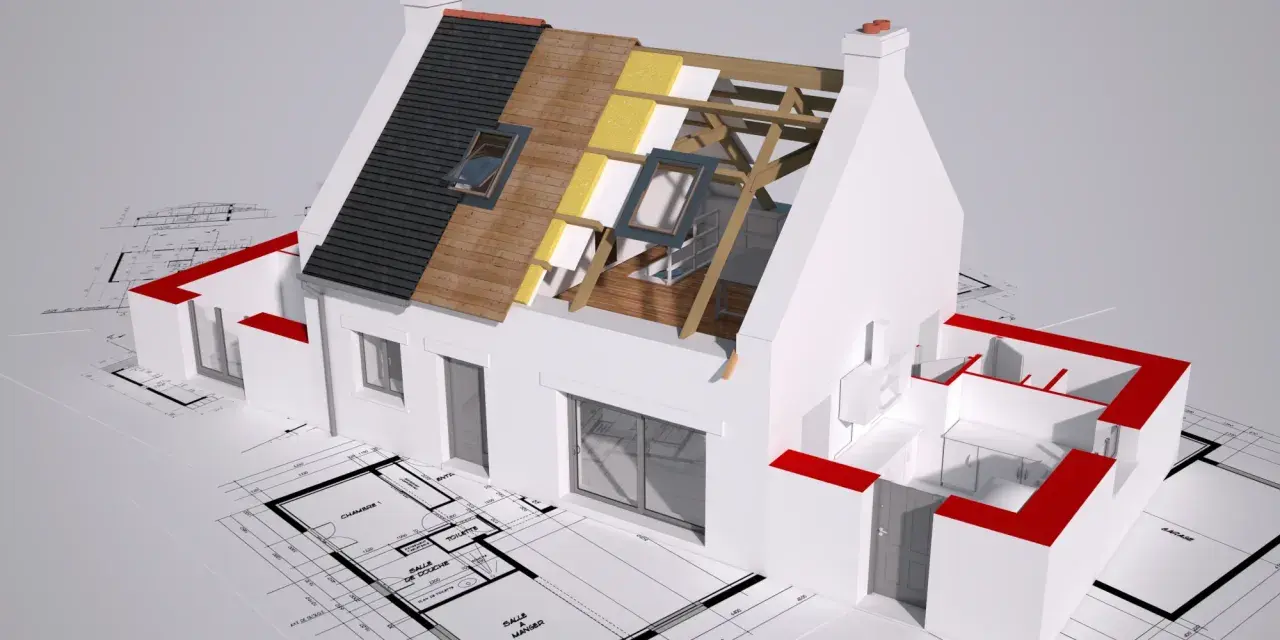 Model domu w przekroju, ukazujący warstwy izolacji dachu i plany architektoniczne. Wizualizacja postępu prac nad termomodernizacją budynku.