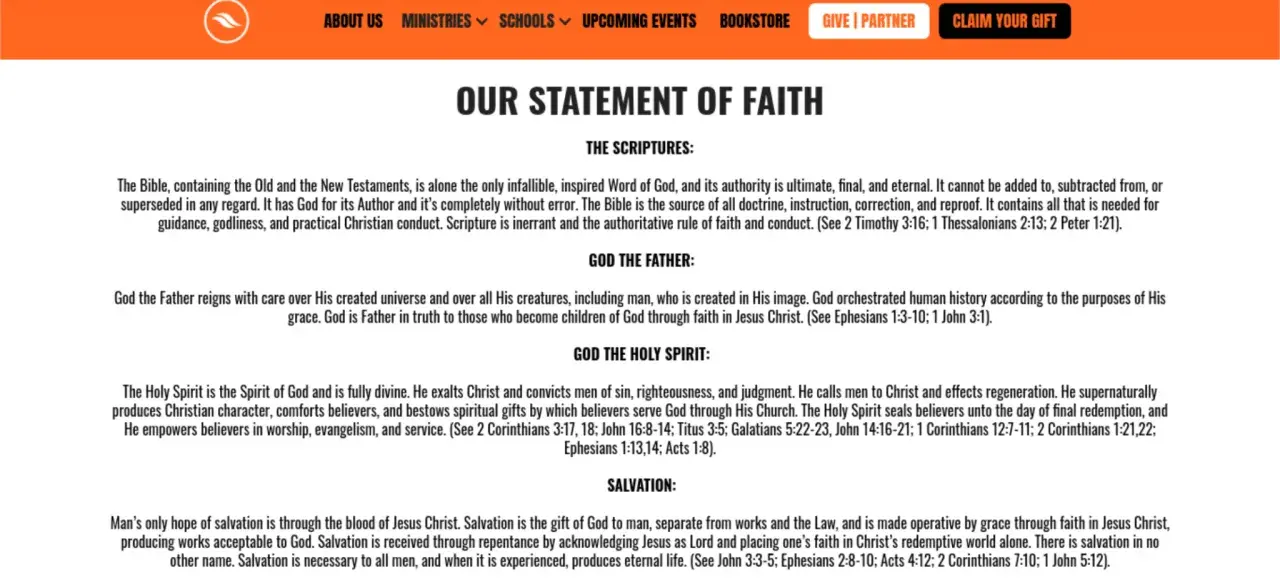 Our statement of faith details beliefs in the Scriptures, God the Father, the Holy Spirit, and salvation through Jesus Christ.
