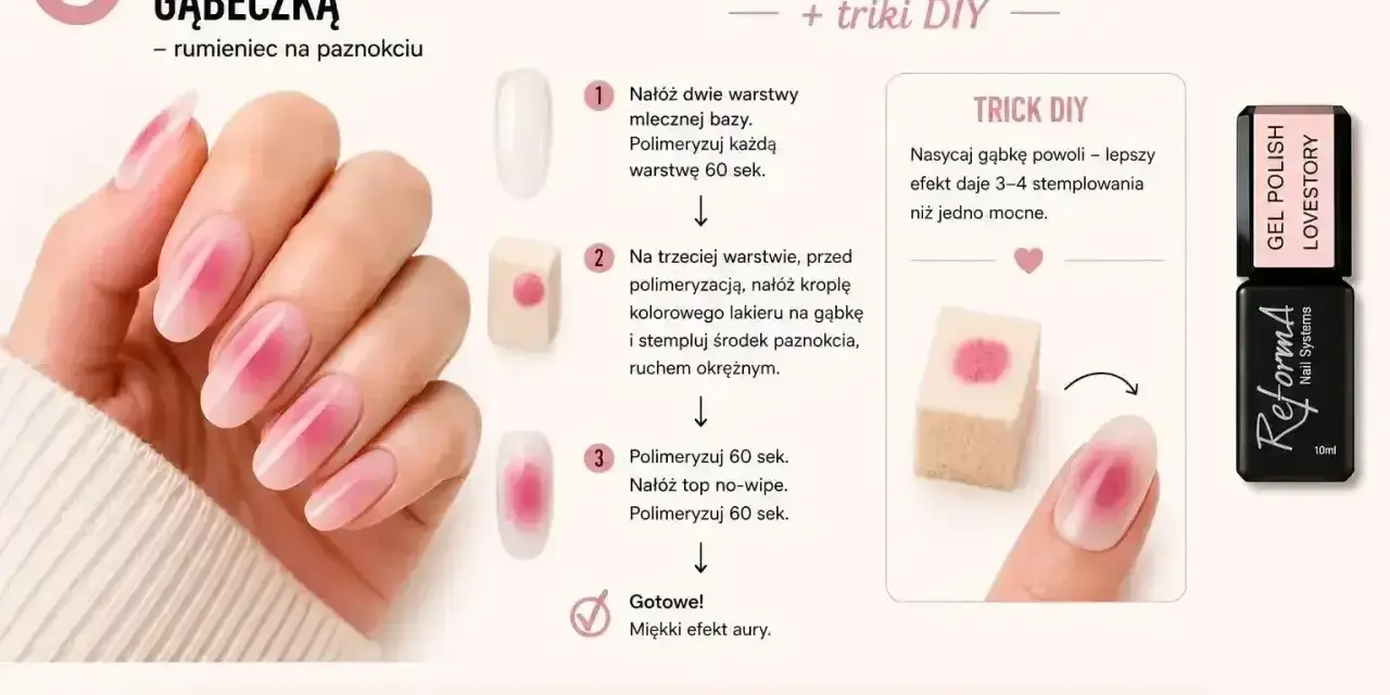 Jak przedłużyć paznokcie? Tutorial krok po kroku z gąbeczką dla efektu "rumieńca" na paznokciach.