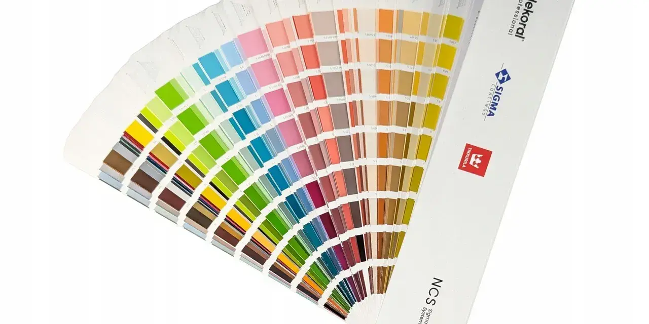 Otwarta paleta kolorów, prezentująca szeroki wachlarz odcieni zieleni, błękitów, różów i brązów. Każdy pasek to próbka koloru pantone, idealna do wyboru idealnego odcienia.