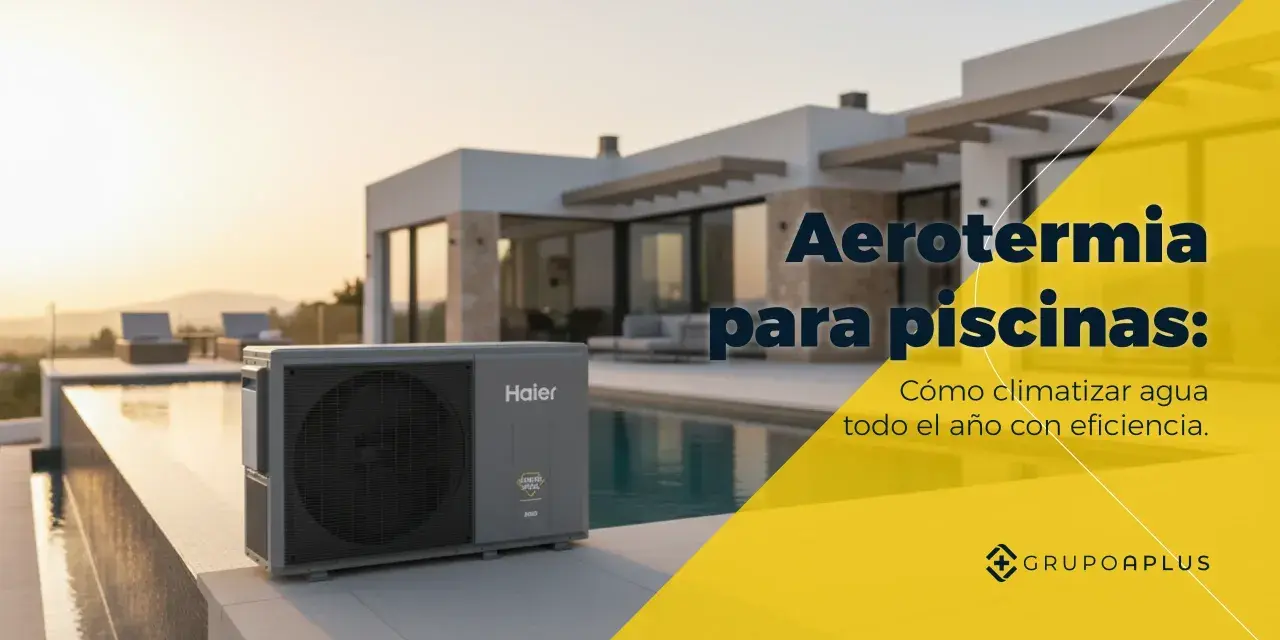 Unidades de aerotermia para piscinas junto a una piscina moderna. Disfruta del agua templada todo el año con eficiencia.