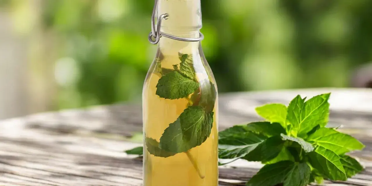 Une bouteille de sirop de menthe maison, avec des feuilles de menthe fraîche à côté, sur une table en bois.