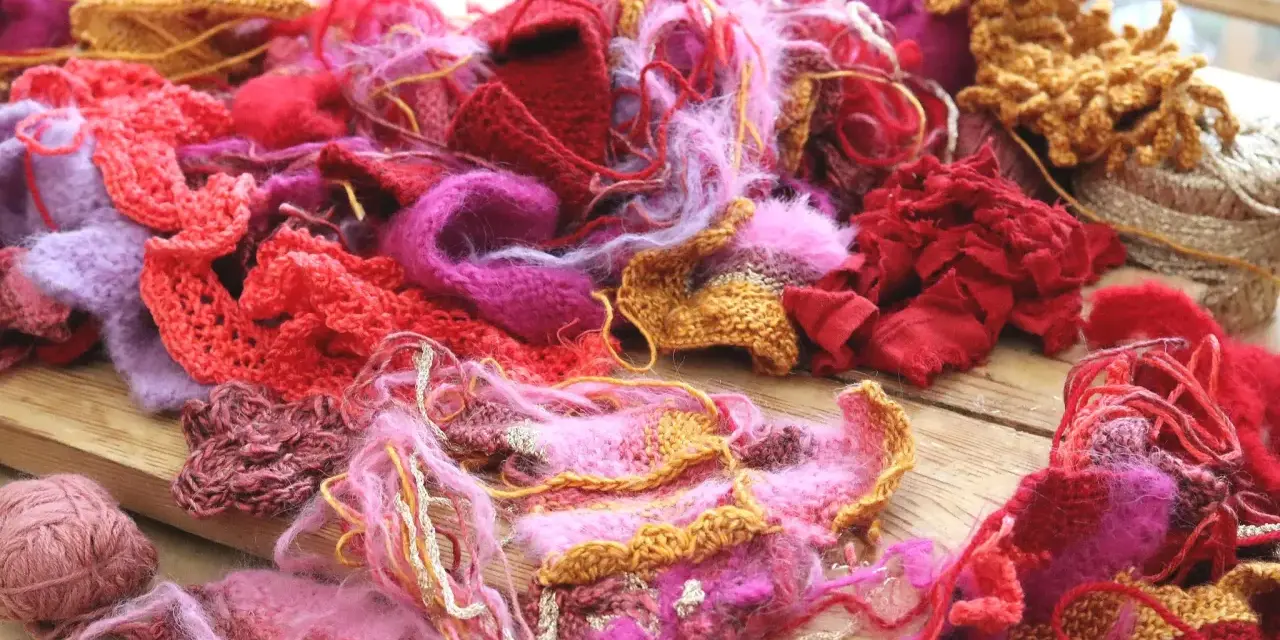 En hög av garn och stickade tygbitar i rosa, rött och lila. En del har en fin stickad kant som inte rullar sig.