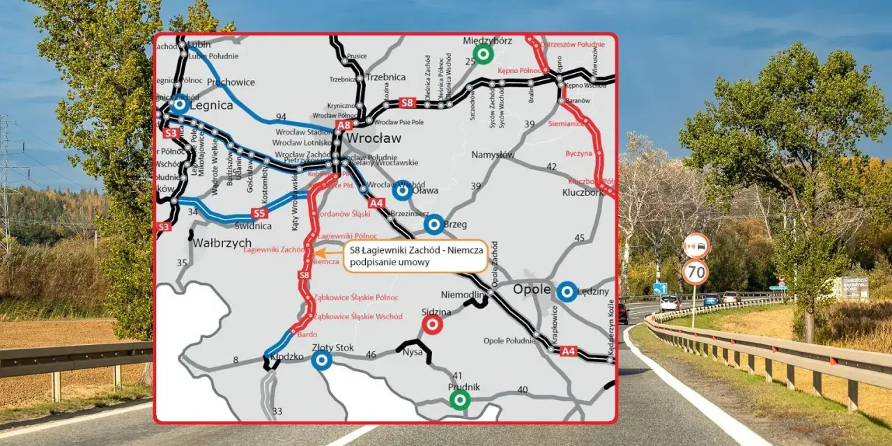 Mapa drogowa z zaznaczonymi trasami S3, S5, S8, A4, A8. Widoczne miasta: Wrocław, Legnica, Wałbrzych, Opole. M28 rozkład jazdy.