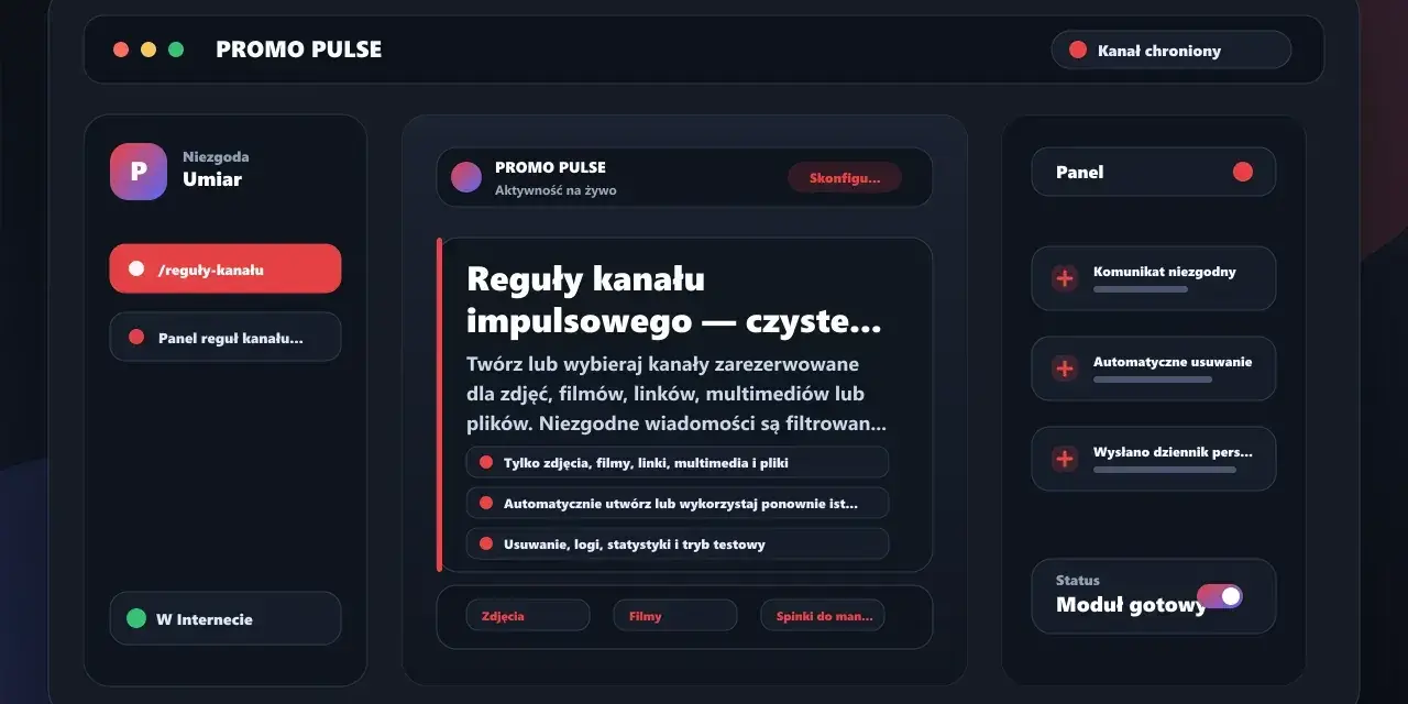 Interfejs przypomina Discorda, pokazując panel zarządzania kanałem "PROMO PULSE" z opcjami konfiguracji, regułami i statusem.