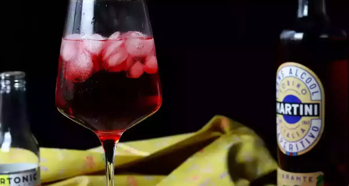 Orzeźwiający martini z tonikiem, z lodem i owocowym akcentem, obok butelki toniku i butelki Martini.