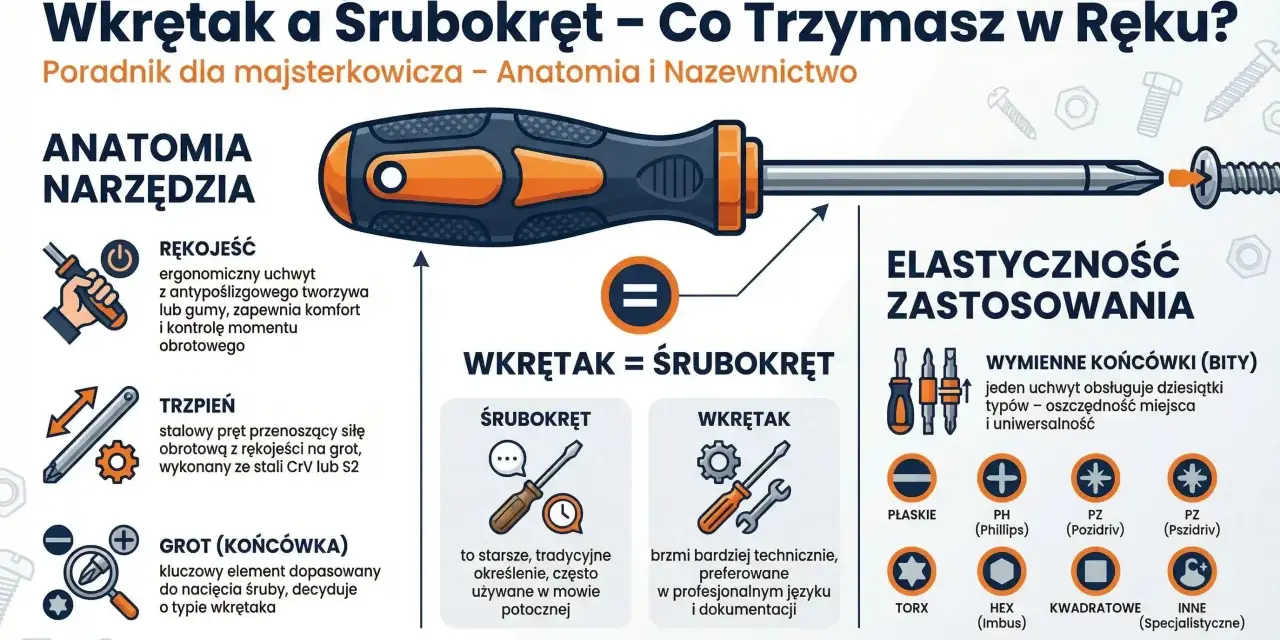 Ilustracja wyjaśnia różnicę między wkrętakiem a śrubokrętem, pokazując ich budowę i zastosowanie.