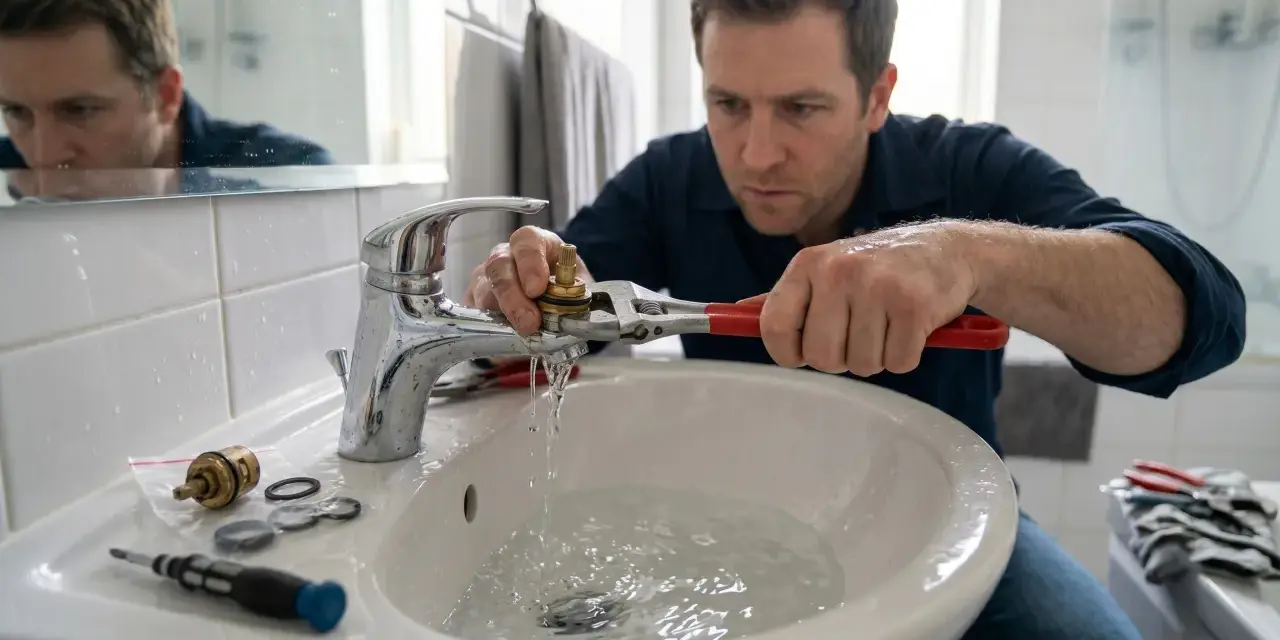 Plombier répare un robinet qui fuit dans une salle de bain. L'eau coule dans le lavabo pendant qu'il utilise une clé.