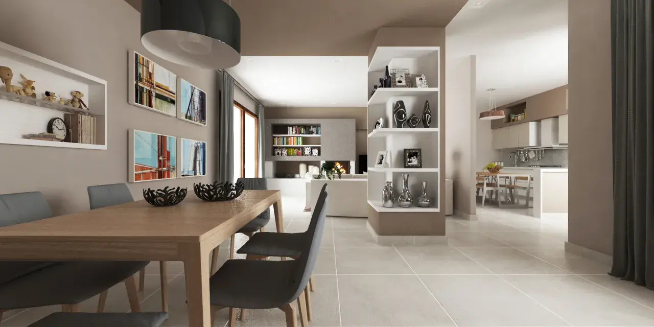 Un soggiorno moderno con tavolo da pranzo, sedie grigie e scaffali bianchi. I soffitti colorati tortora creano un'atmosfera calda e accogliente.