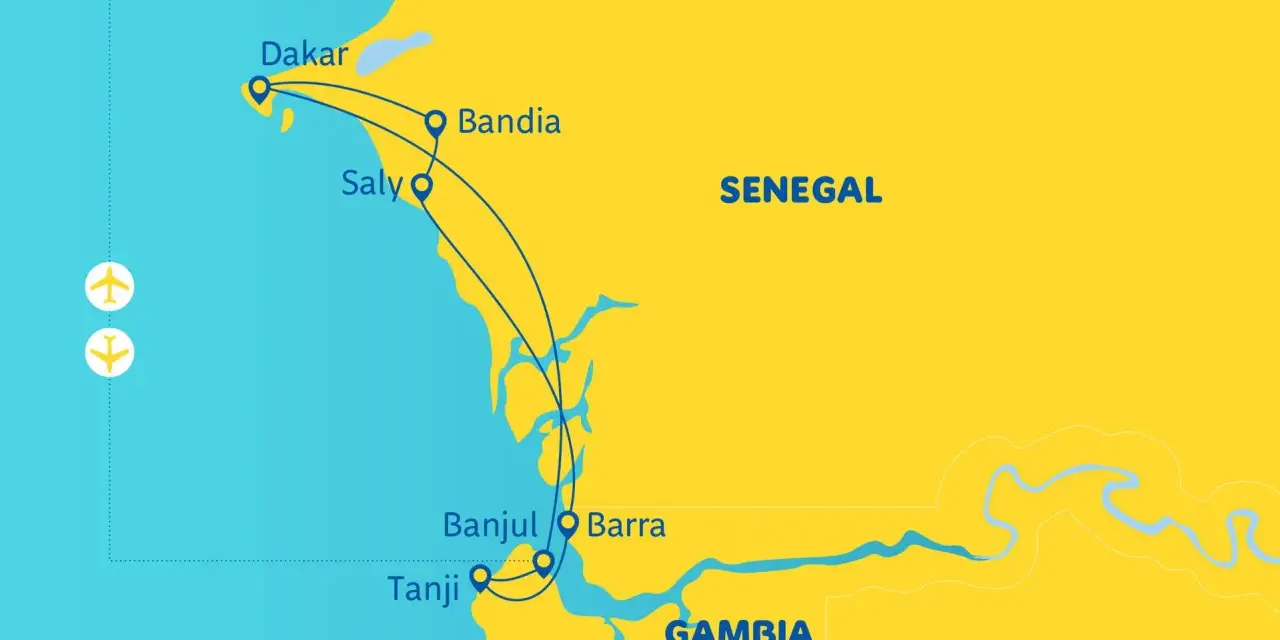 Mapa podróży po Senegalu i Gambii, Afryka Zachodnia. Trasa obejmuje Dakar, Saly, Bandię, Tanji, Banjul i Barrę.