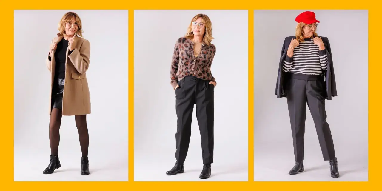 Elegancka kobieta po 60. prezentuje trzy stylizacje: w płaszczu i spódnicy, w swetrze w panterkę i spodniach, oraz w marynarce, bluzce w paski i spodniach.