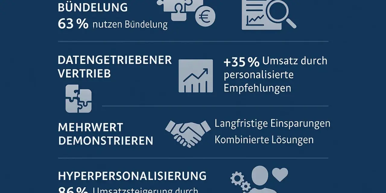 Strategische Bündelung, datengetriebener Vertrieb, Mehrwert demonstrieren, Hyperpersonalisierung. Erhöht Umsatz durch personalisierte Empfehlungen, eine Form von up selling.