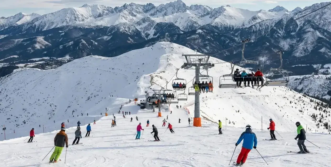 Narciarze szusują po ośnieżonych stokach, kolejka linowa wwozi ludzi na szczyt. Idealne miejsce, gdzie jechać na narty, z widokiem na góry.