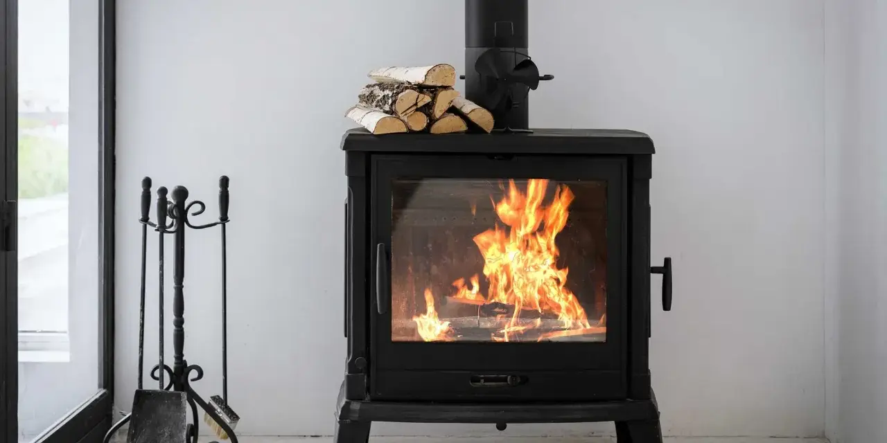 Estufa de leña con fuego vivo, lista para canalizar aire y chimenea. A su lado, un atizador y escoba.