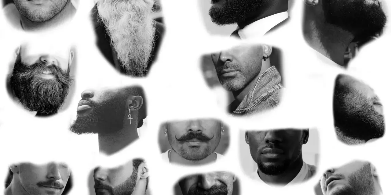 Collage de visages masculins, mettant en avant divers styles de barbe et moustaches. Un véritable catalogue de barbe dessinée.