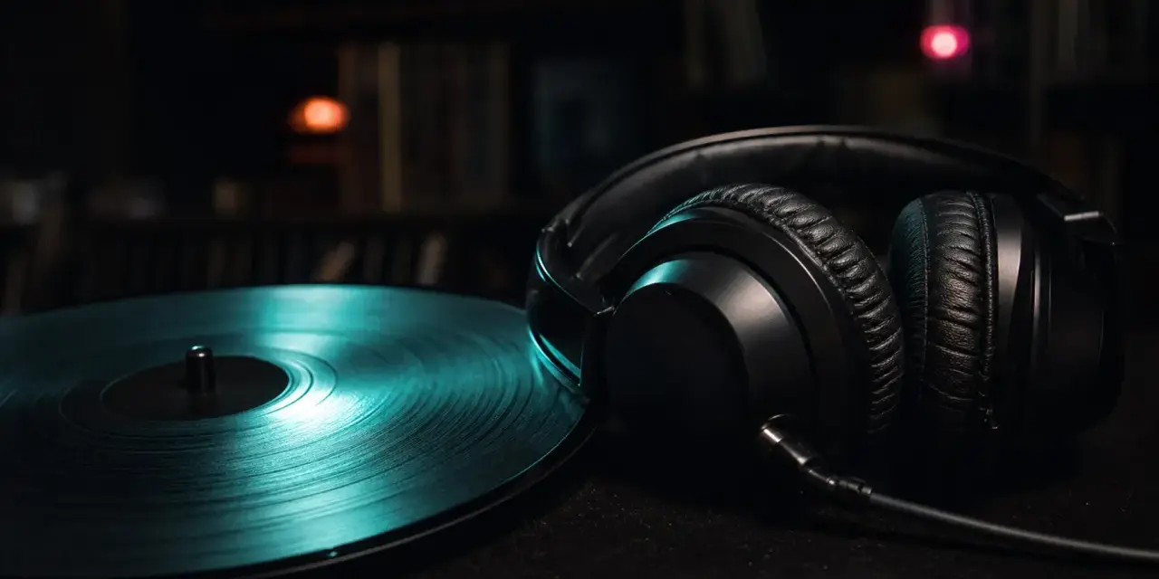 Schwarze Kopfhörer neben einer Vinylplatte, ideal für indie musik beispiele. Im Hintergrund Regale voller Platten.