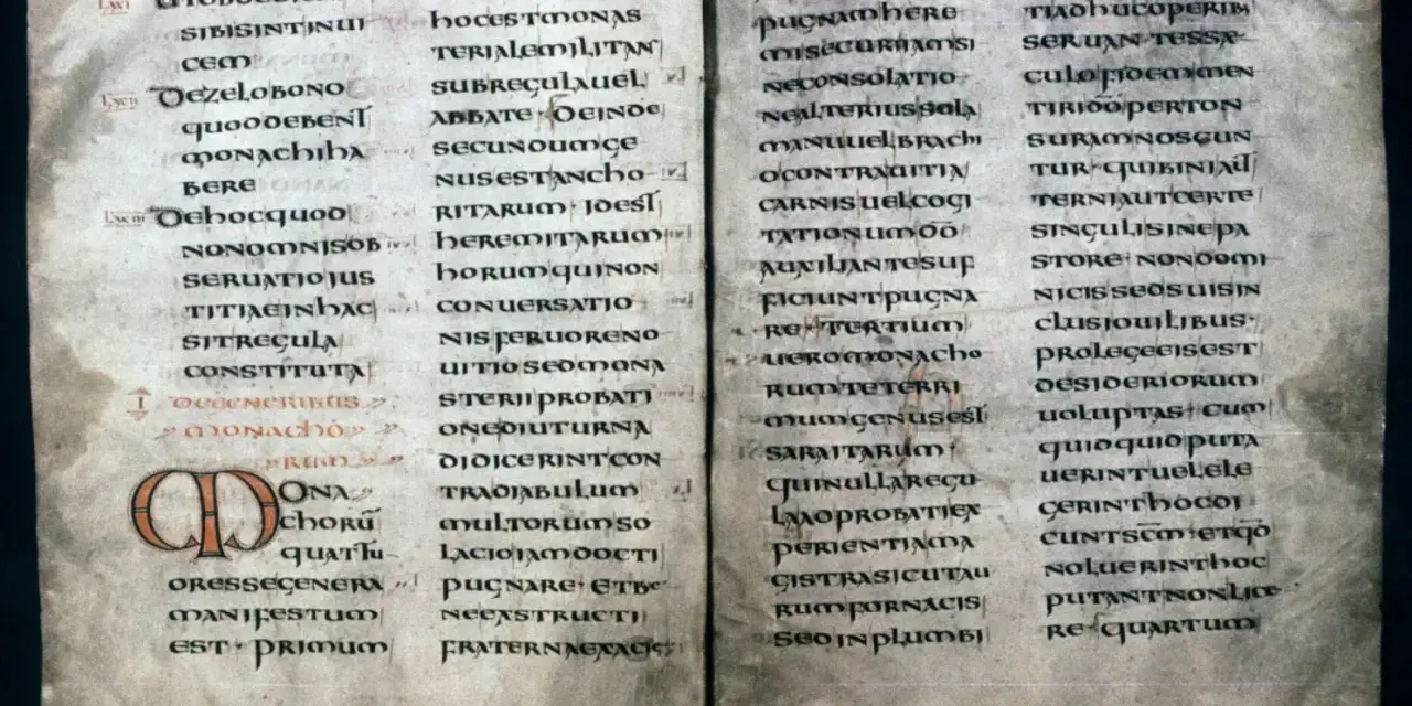 Ancient manuscript page with Latin text, likely a St. Benedict prayer, featuring illuminated initial 'O'.