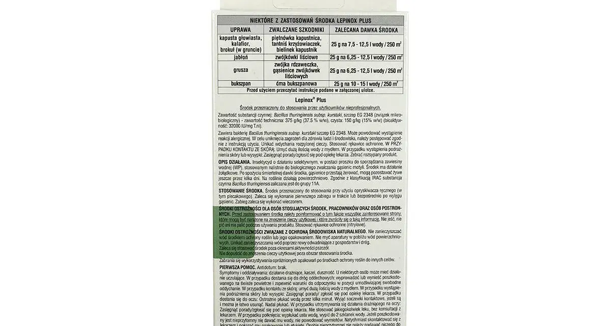 Lepinox Plus: środek do zwalczania gąsienic motyli na kapuście, jabłoni i gruszy. Stosować wieczorem.