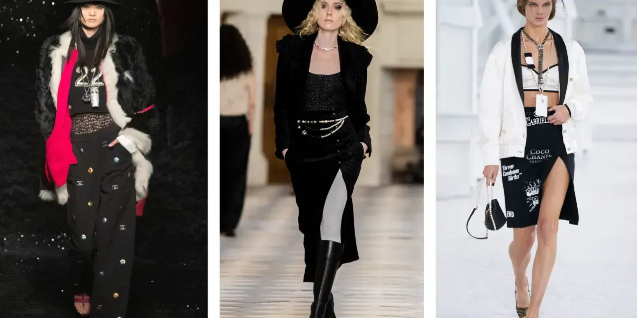 Moda Coco Chanel: tre modelle sfilano con abiti iconici. Pelliccia, cappelli e perle definiscono lo stile.