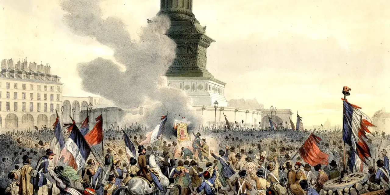 Foule en liesse devant la colonne, drapeaux tricolores flottant, une révolution en marche. On entendrait presque les discours enflammés de Ledru-Rollin.
