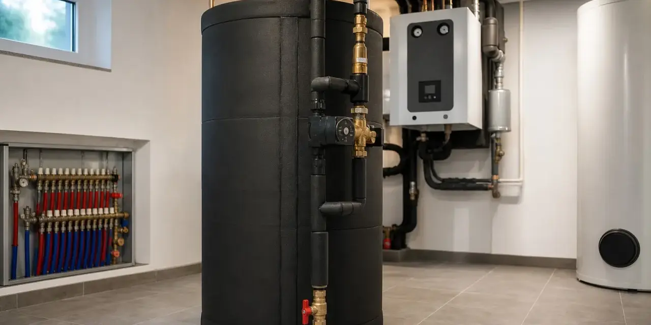 Duży, czarny bufor ciepła w kotłowni, obok białego zasobnika i kotła. Widać instalację hydrauliczną.